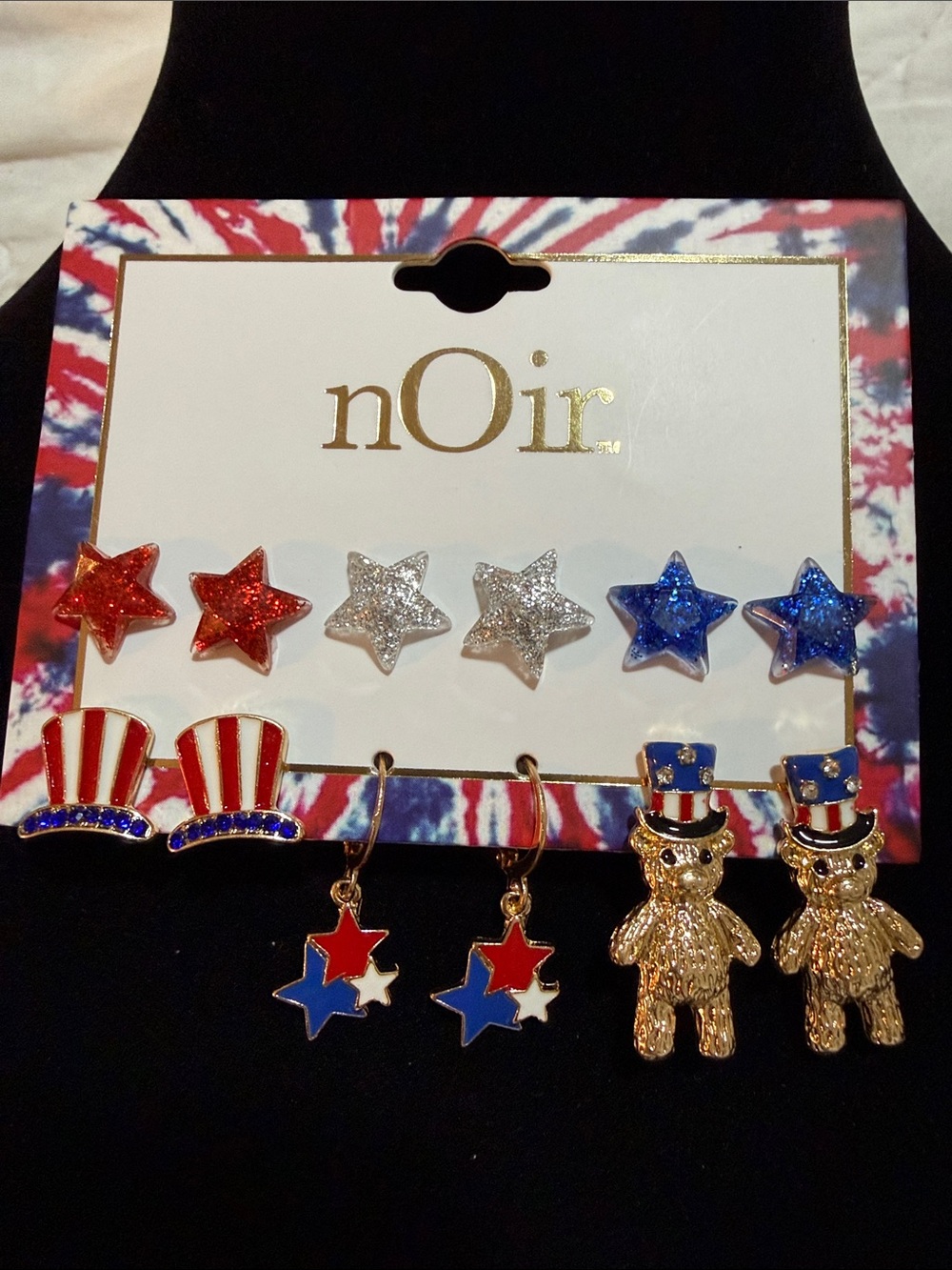 NWT nOir Women's Patriotic Red, White & Blue Earring Set 6 pairs glitz bear 1.25